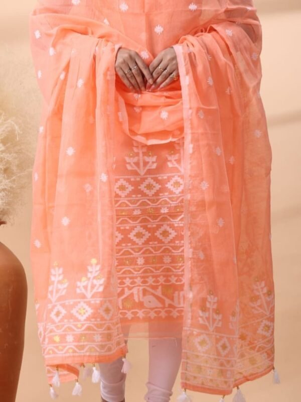2 Piece Unstitched Jamdani Churidar Set - Orange Salmon