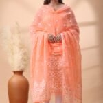 2 Piece Unstitched Jamdani Churidar Set - Orange Salmon