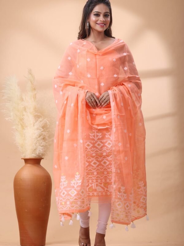 2 Piece Unstitched Jamdani Churidar Set - Orange Salmon