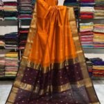 Maheshwari Design Handloom Cotton Silk Sari with Blouse Piece - Papaya Orange