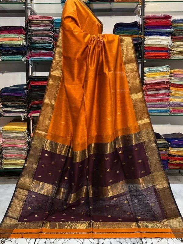 Maheshwari Design Handloom Cotton Silk Sari with Blouse Piece - Papaya Orange