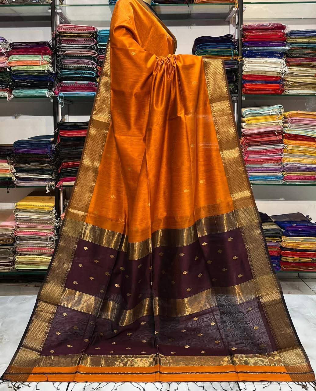 Maheshwari Design Handloom Cotton Silk Sari with Blouse Piece - Papaya Orange