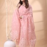 2 Piece Unstitched Jamdani Churidar Set - Pink Rose