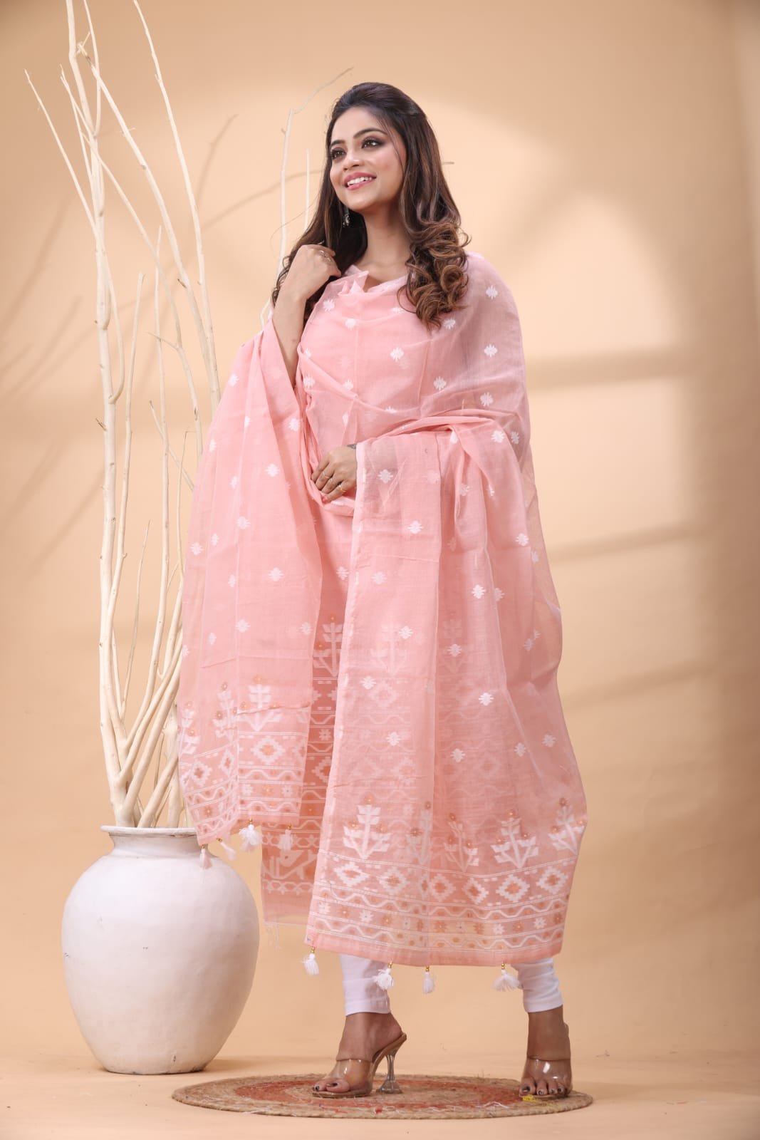 2 Piece Unstitched Jamdani Churidar Set - Pink Rose