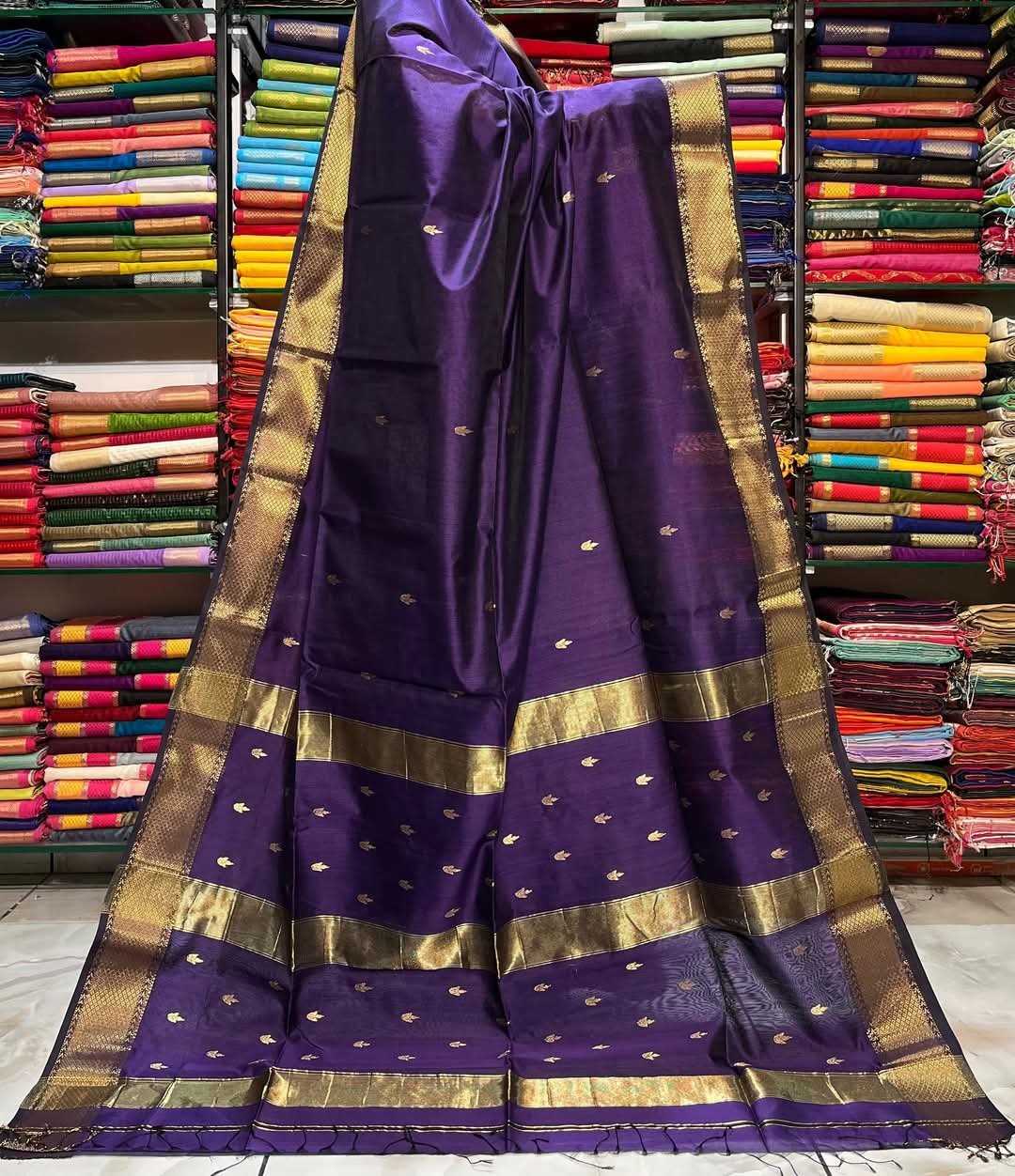 Maheshwari Design Handloom Cotton Silk Sari with Blouse Piece - Plum Purple