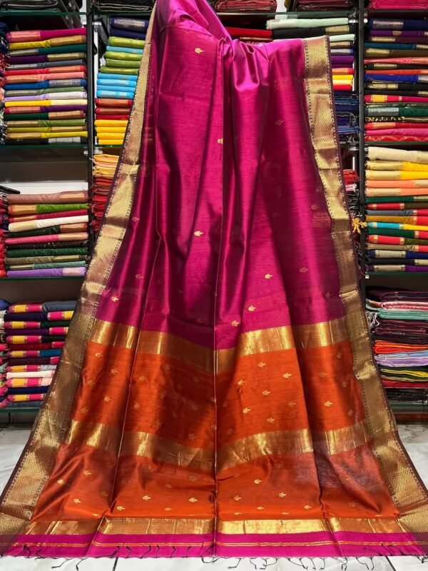 Maheshwari Design Handloom Cotton Silk Sari with Blouse Piece - Purplish Red
