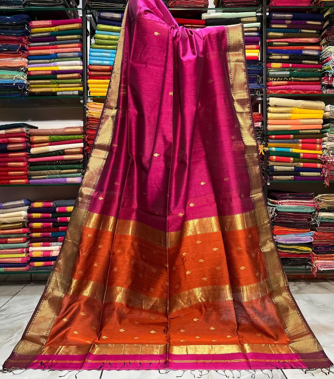 Maheshwari Design Handloom Cotton Silk Sari with Blouse Piece - Purplish Red