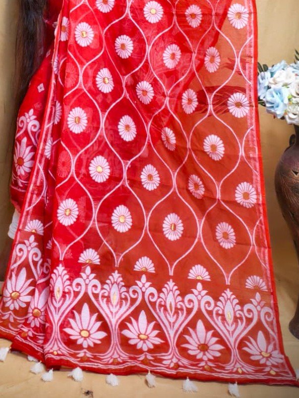 Sunflower Red Unstitched 2 Piece Jamdani Suit Set
