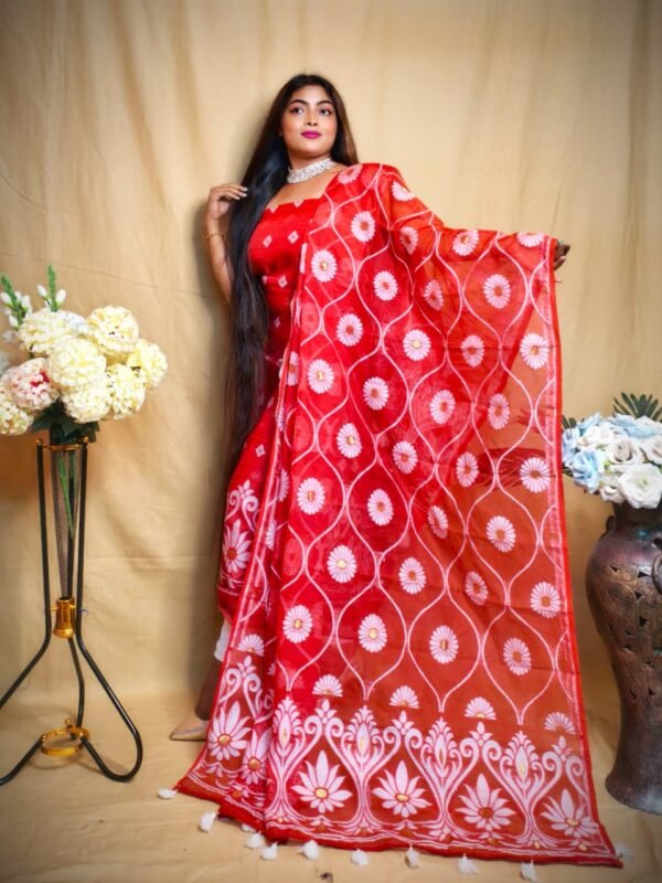 Sunflower Red Unstitched 2 Piece Jamdani Suit Set