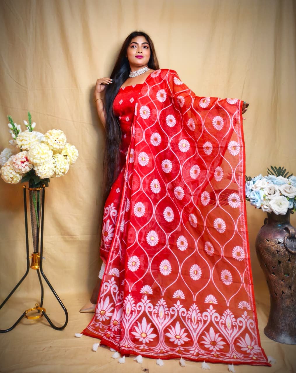 Sunflower Red Unstitched 2 Piece Jamdani Suit Set