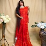 Sunflower Red Unstitched 2 Piece Jamdani Suit Set