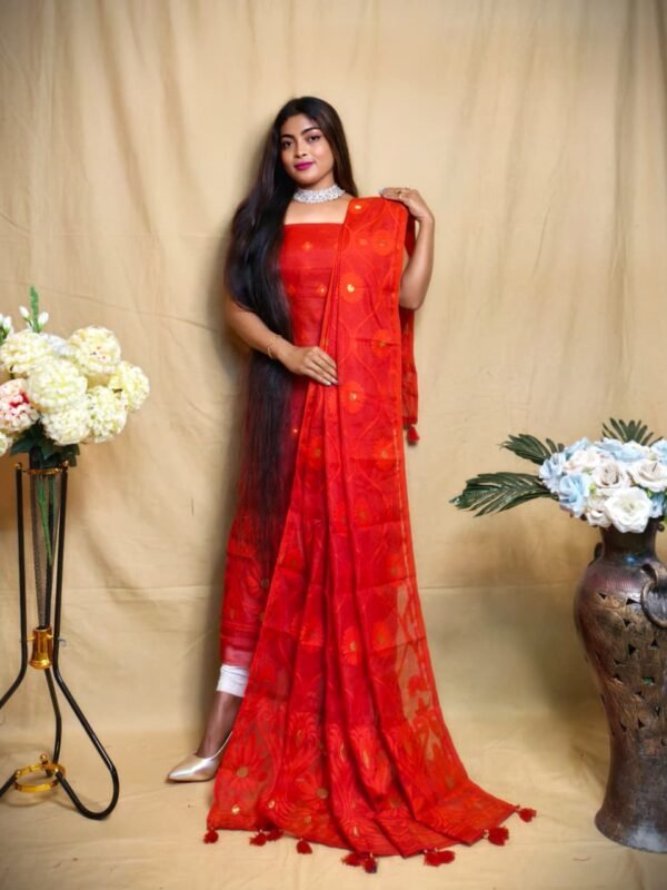 Sunflower Red Unstitched 2 Piece Jamdani Suit Set