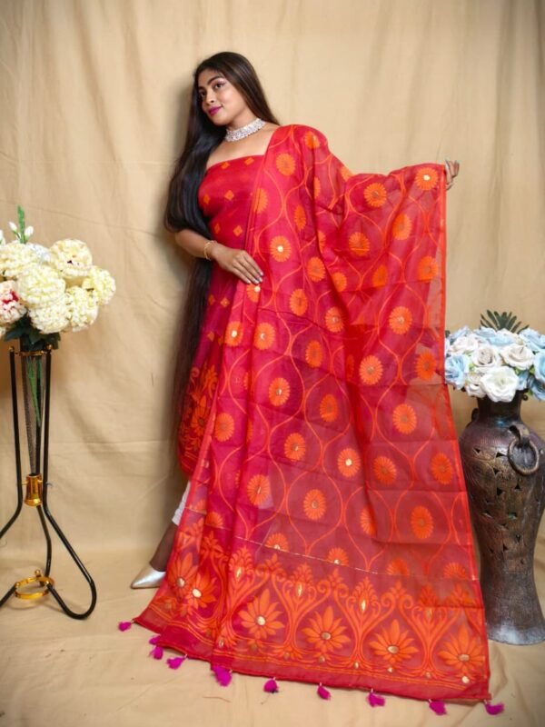 Sunflower Red Unstitched 2 Piece Jamdani Suit Set