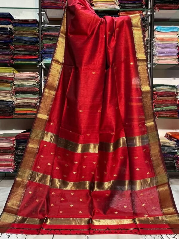 Maheshwari Design Handloom Cotton Silk Sari with Blouse Piece - Red