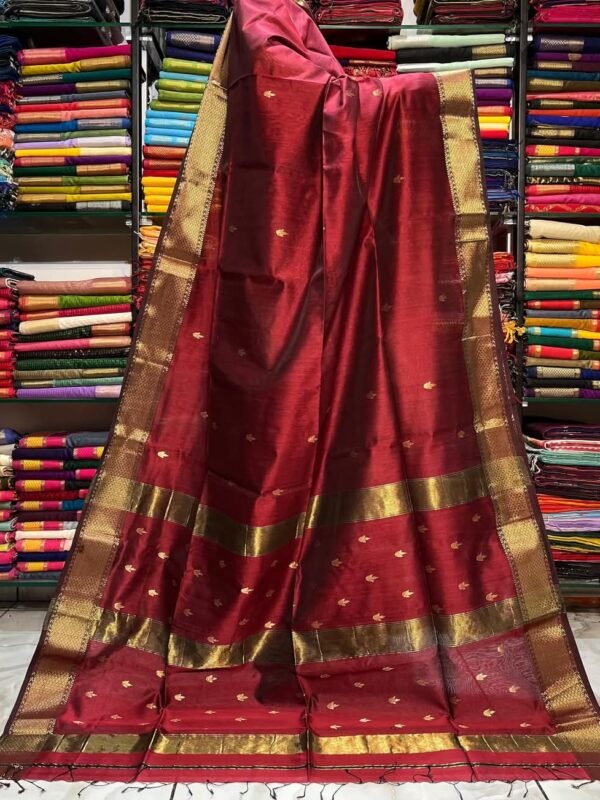 Maheshwari Design Handloom Cotton Silk Sari with Blouse Piece - Red Brown