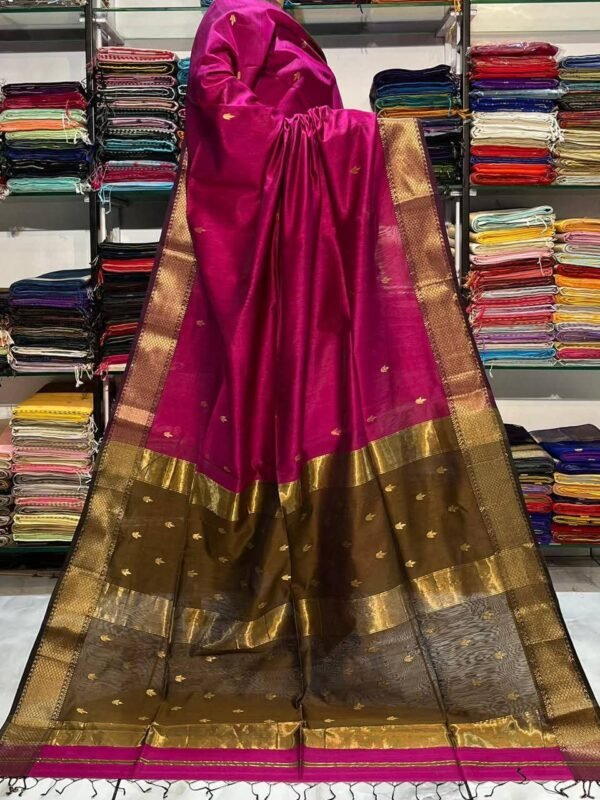 Maheshwari Design Handloom Cotton Silk Sari with Blouse Piece - Red Purple