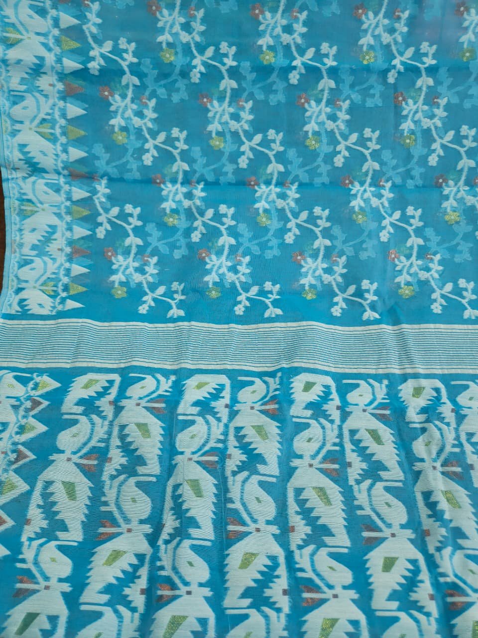 Ikkat Lota Soft Dhakai Jamdani Saree With Blouse Piece - Sky Blue