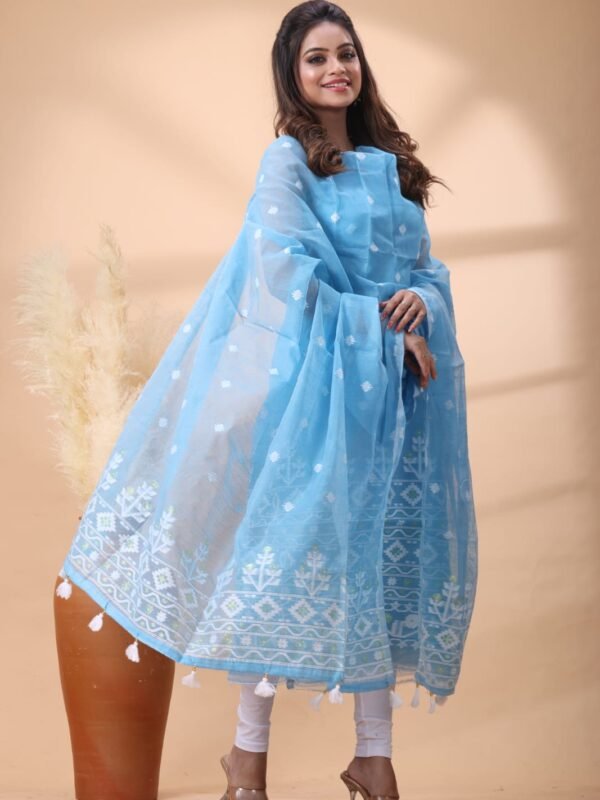 2 Piece Unstitched Jamdani Churidar Set - Sky Blue