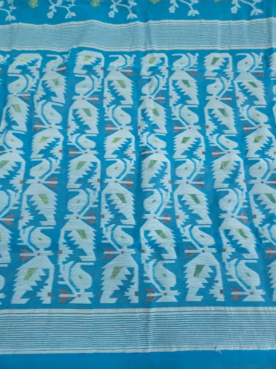 Ikkat Lota Soft Dhakai Jamdani Saree With Blouse Piece - Sky Blue
