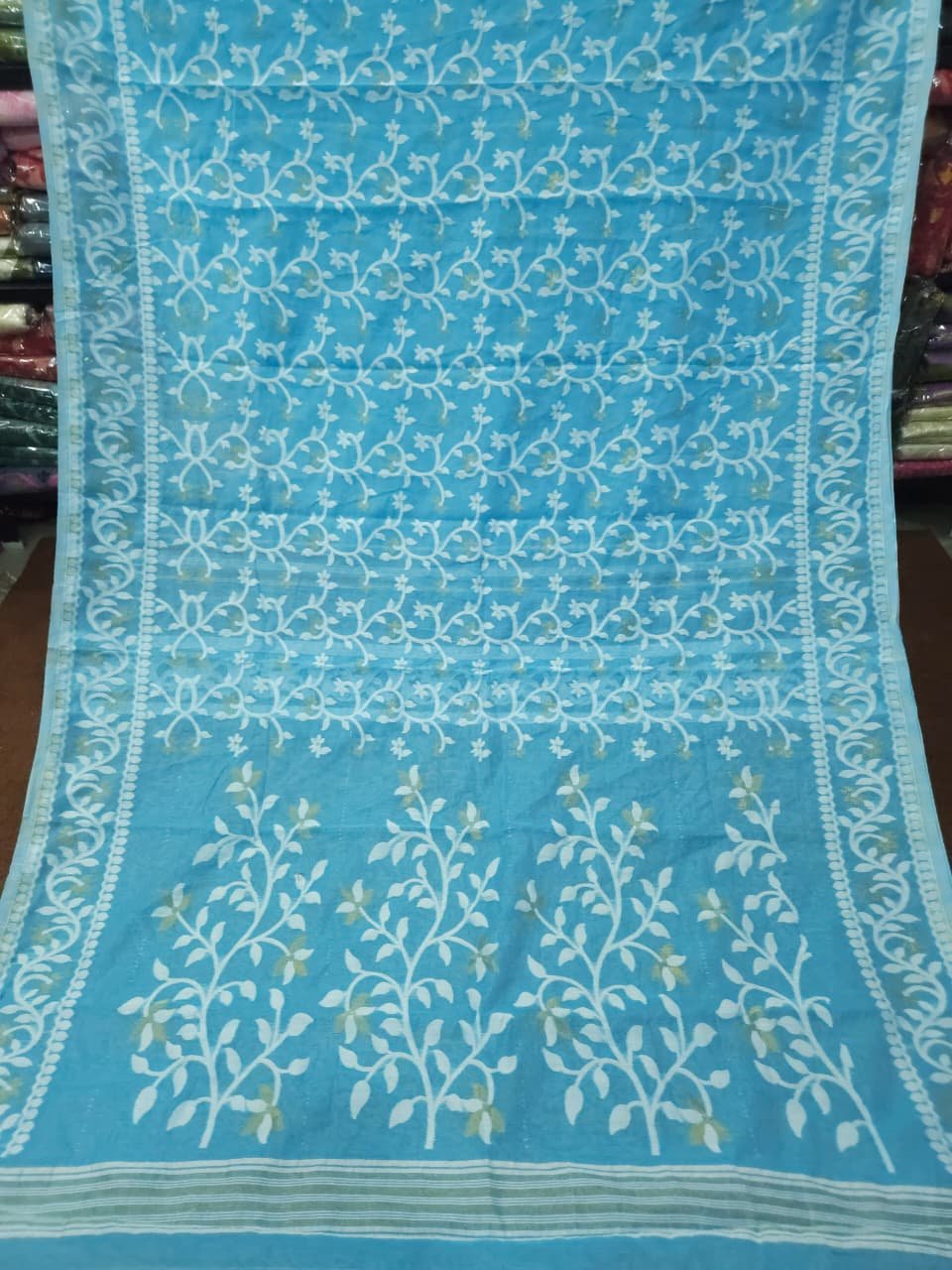Lota Pata Soft Jamdani Saree with Blouse Piece - Sky Blue