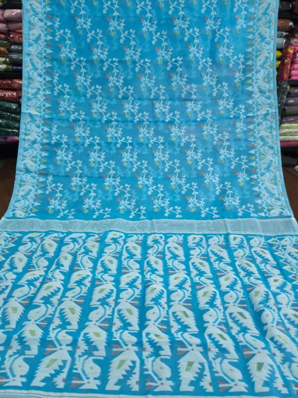 Ikkat Lota Soft Dhakai Jamdani Saree With Blouse Piece - Sky Blue
