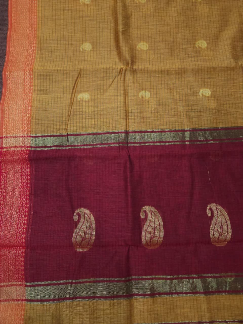 Maheshwari Design Tiger Orange Cotton Silk Handloom Saree with Blouse Piece