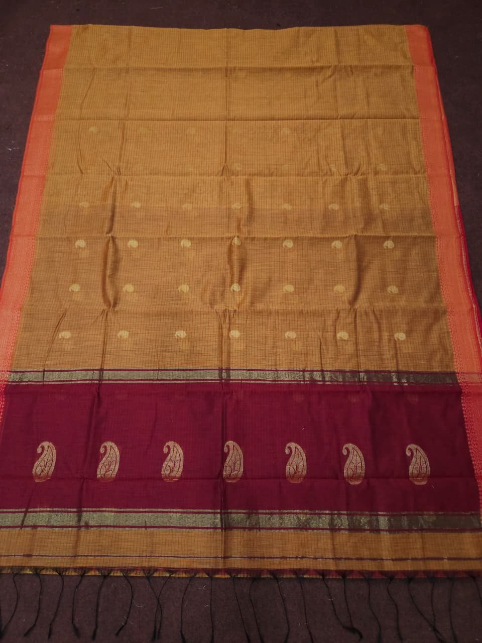 Maheshwari Design Tiger Orange Cotton Silk Handloom Saree with Blouse Piece