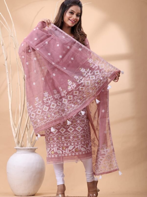 2 Piece Unstitched Jamdani Churidar Set - Dusky Rose