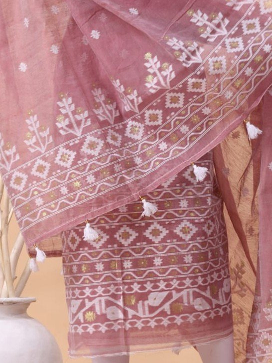 2 Piece Unstitched Jamdani Churidar Set - Dusky Rose