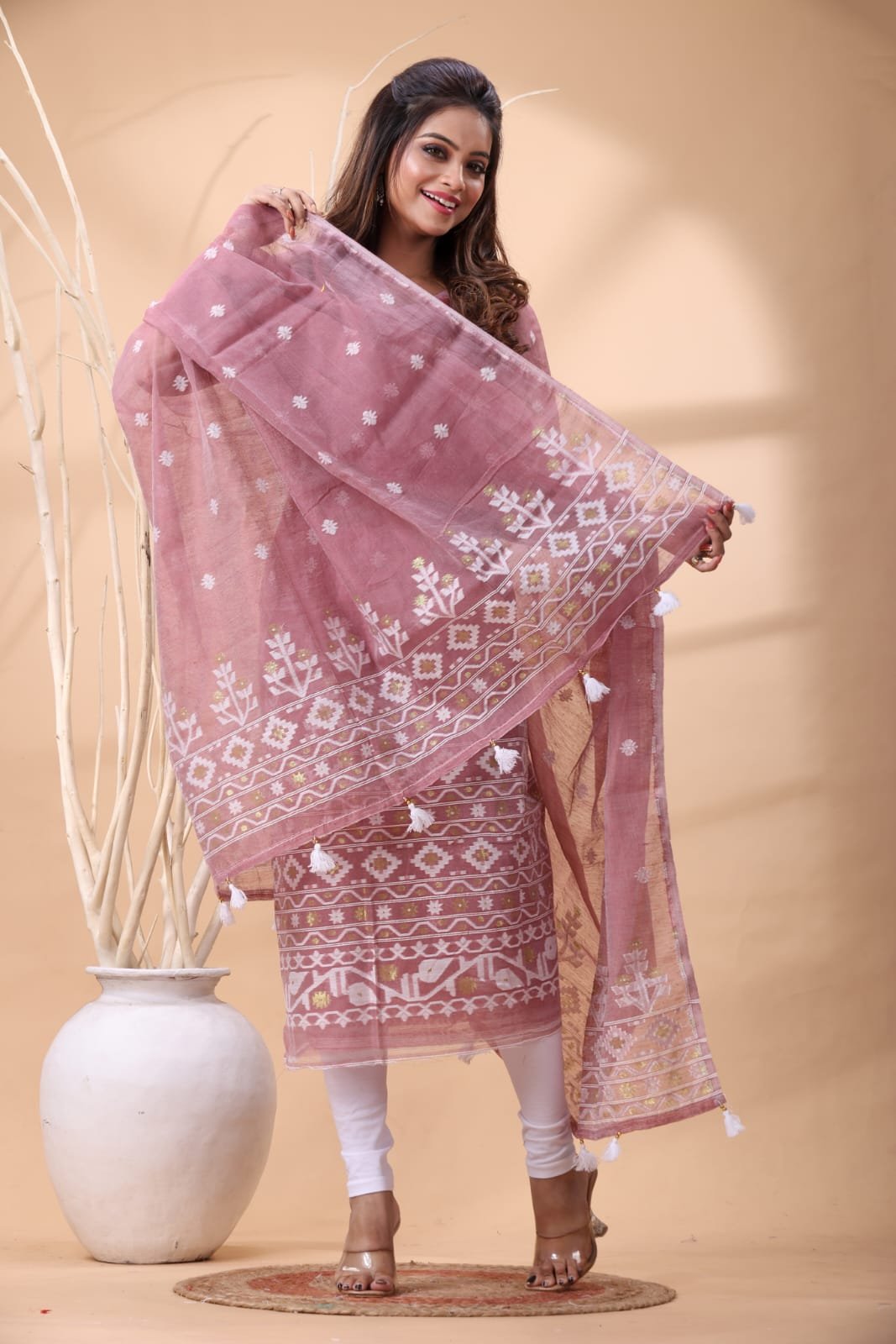 2 Piece Unstitched Jamdani Churidar Set - Dusky Rose