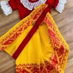 Cute Baby Soft Jamdani Sari With Blouse Piece - 3-6 Years (Yellow Body and Red Border)