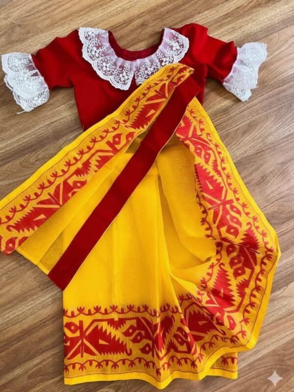 Cute Baby Soft Jamdani Sari With Blouse Piece - 3-6 Years (Yellow Body and Red Border)