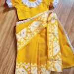 Cute Baby Soft Jamdani Sari With Blouse Piece - 3-6 Years (Yellow Body and White Border)