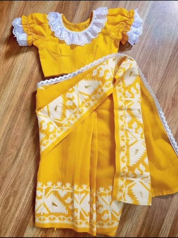 Cute Baby Soft Jamdani Sari With Blouse Piece - 3-6 Years (Yellow Body and White Border)
