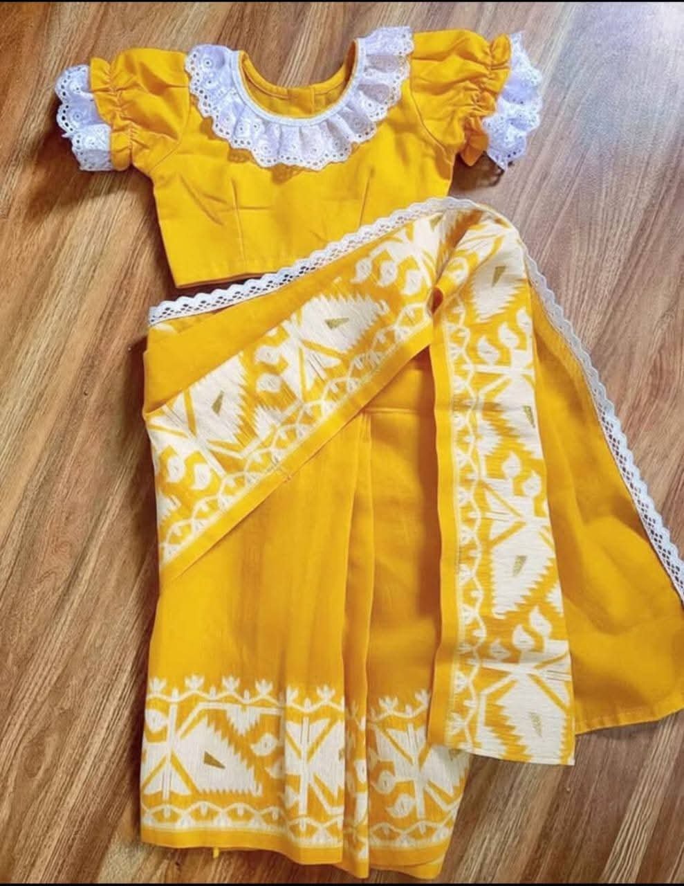 Cute Baby Soft Jamdani Sari With Blouse Piece - 3-6 Years (Yellow Body and White Border)