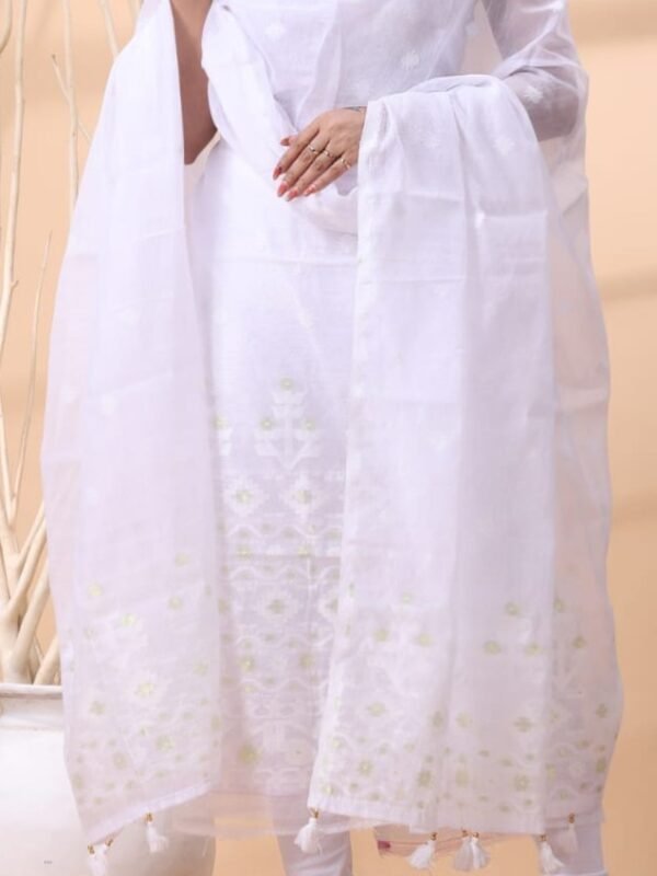 2 Piece Unstitched Jamdani Churidar Set - White