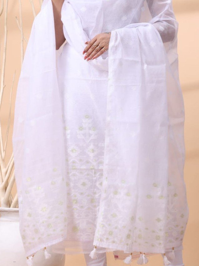 2 Piece Unstitched Jamdani Churidar Set - White