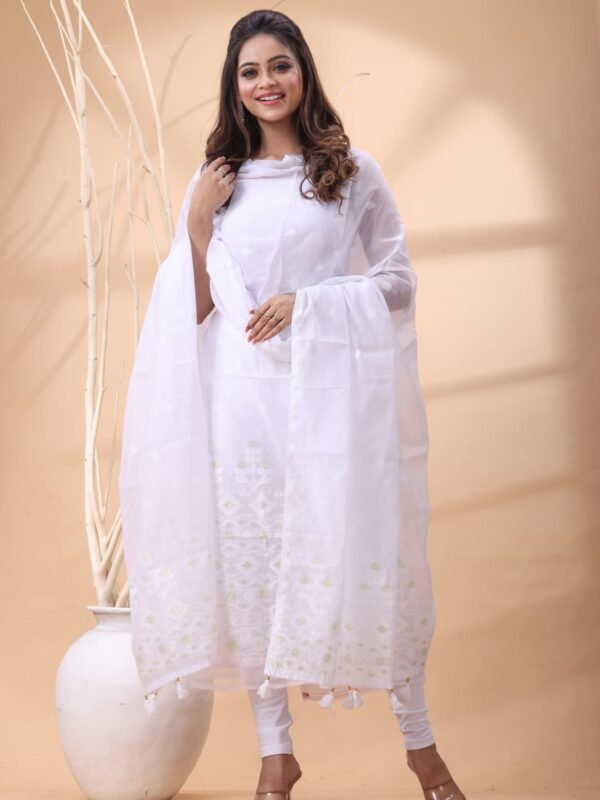 2 Piece Unstitched Jamdani Churidar Set - White
