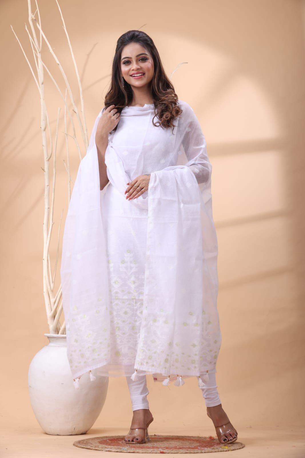 2 Piece Unstitched Jamdani Churidar Set - White