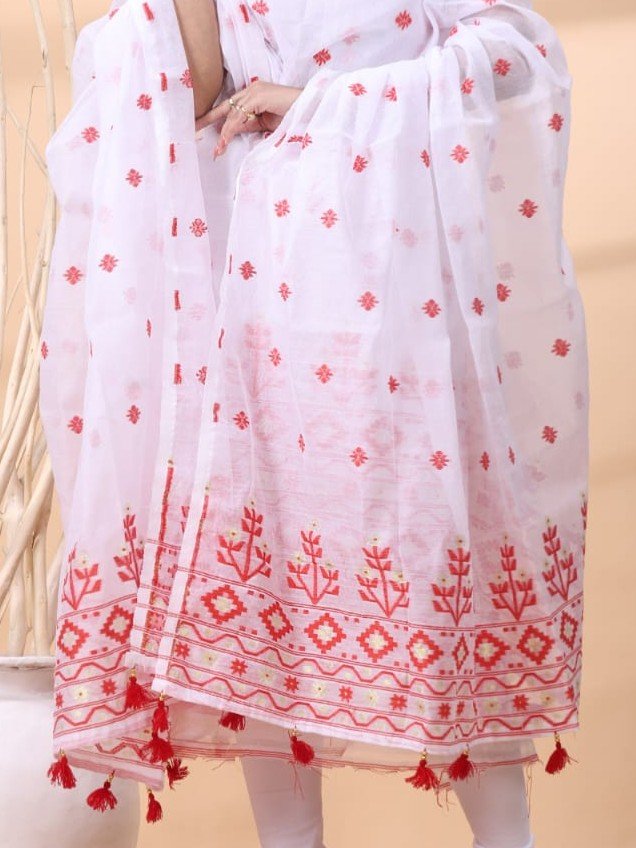 2 Piece Unstitched Jamdani Churidar Set - White