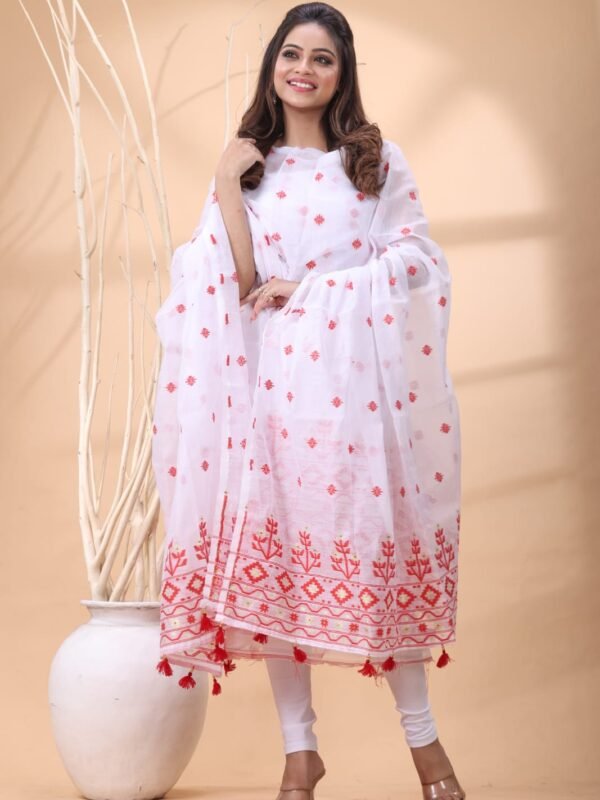2 Piece Unstitched Jamdani Churidar Set - White