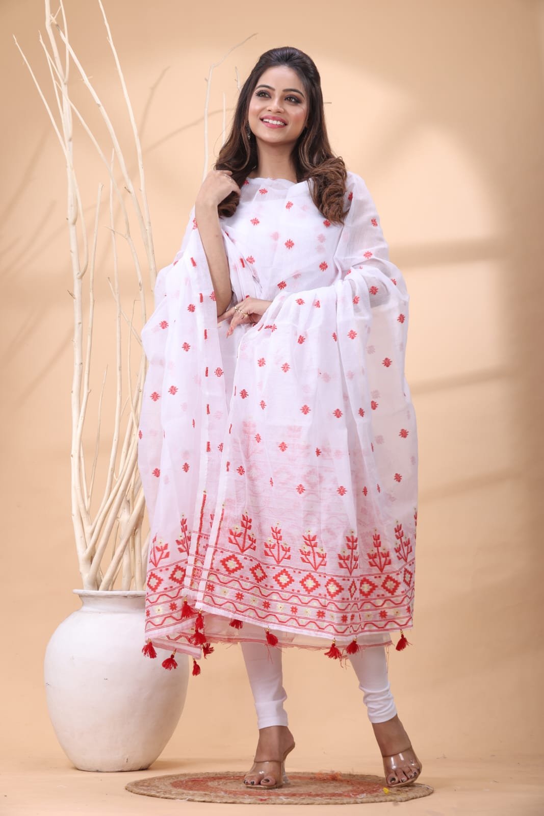 2 Piece Unstitched Jamdani Churidar Set - White