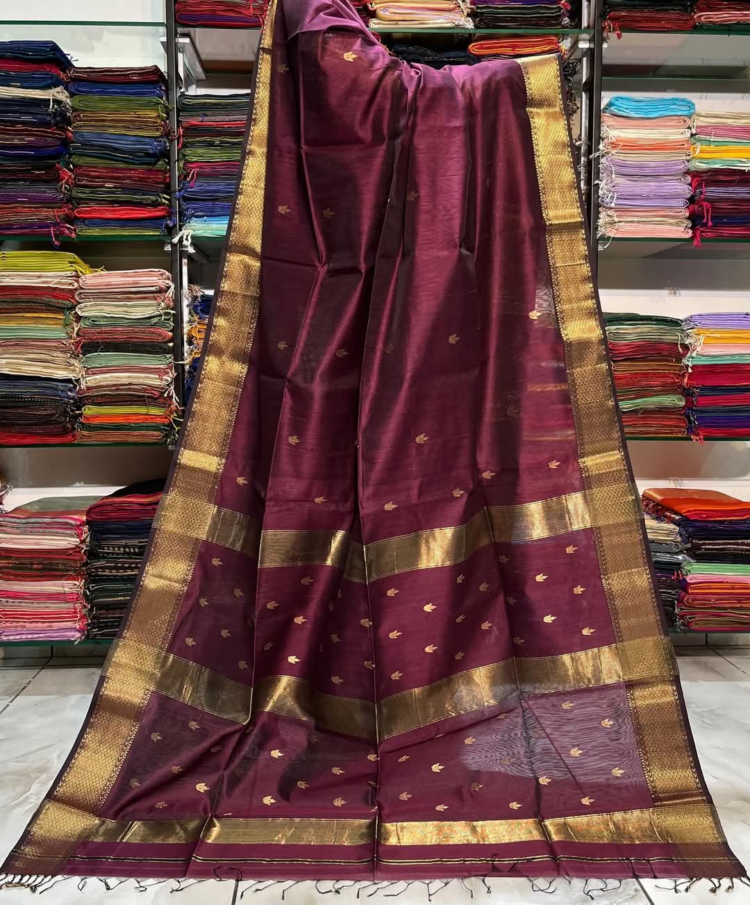 Maheshwari Design Handloom Cotton Silk Sari with Blouse Piece - Wine