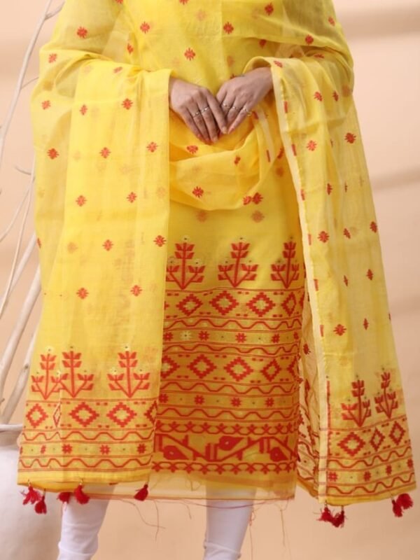 2 Piece Unstitched Jamdani Churidar Set - Yellow