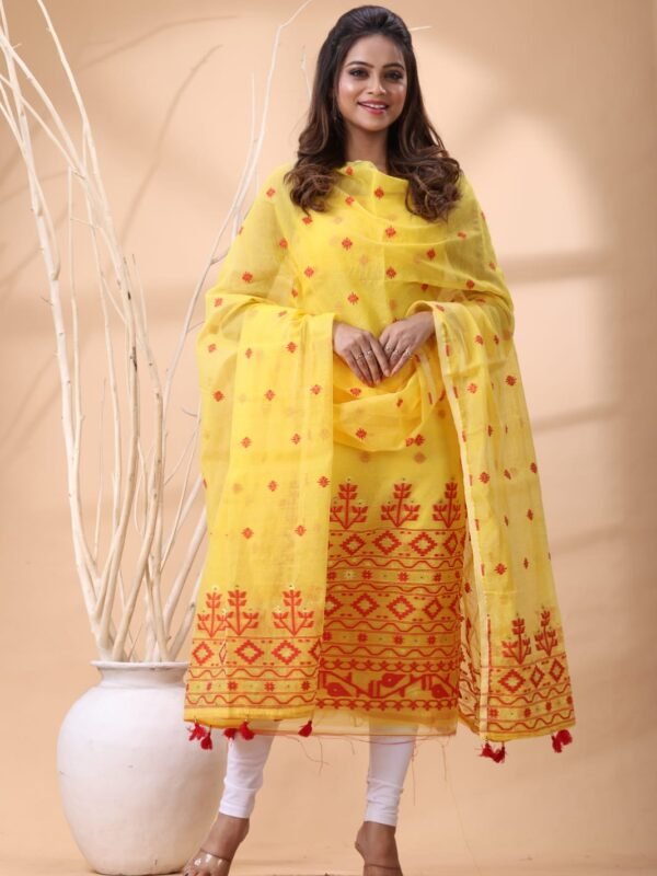 2 Piece Unstitched Jamdani Churidar Set - Yellow