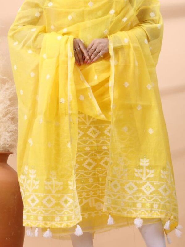 2 Piece Unstitched Jamdani Churidar Set - Yellow