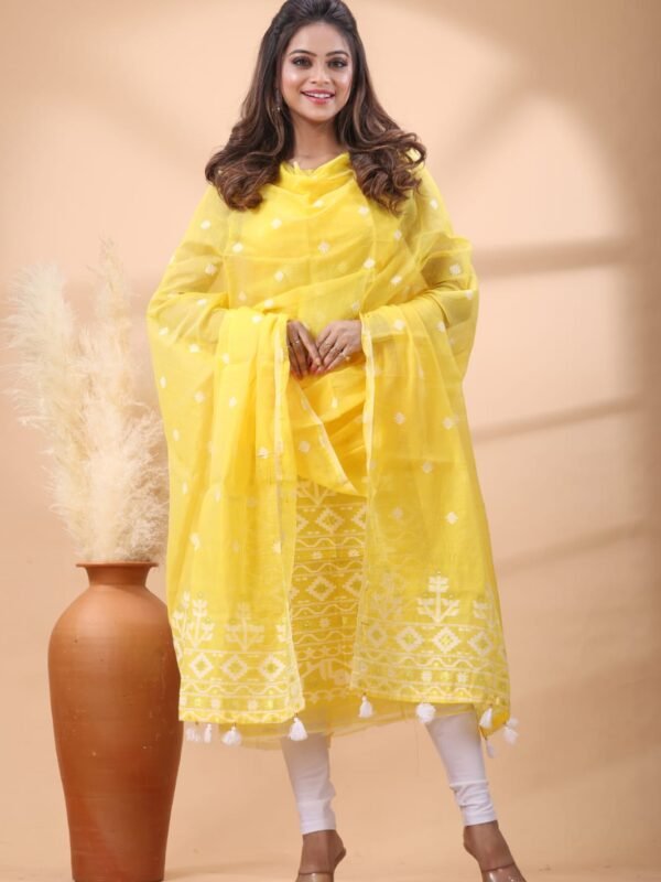 2 Piece Unstitched Jamdani Churidar Set - Yellow